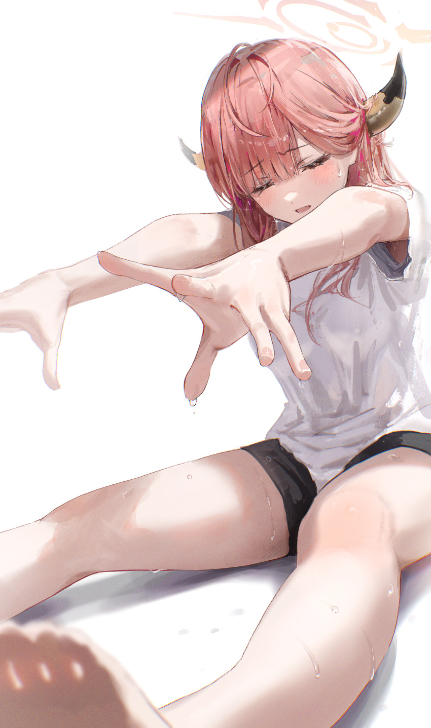 1girl absurdres armpit_peek aru_(blue_archive) bare_legs barefoot bike_shorts black_shorts blue_archive blush closed_eyes demon_horns halo hidulume highres horns outstretched_arms pink_hair shirt shorts simple_background sitting soles solo sweat toes up_sleeve white_background white_shirt