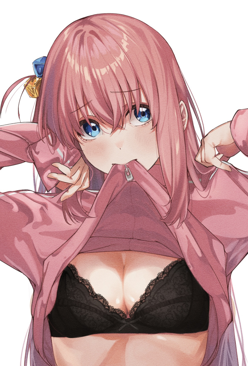 1girl black_bra blue_eyes blush bocchi_the_rock! bra breasts commentary cube_hair_ornament gotoh_hitori hair_between_eyes hair_ornament highres jacket lace-trimmed_bra lace_trim long_hair long_sleeves looking_at_viewer mouth_hold one_side_up pink_hair pink_jacket simple_background sleeves_past_wrists solo taroekaki track_jacket underwear upper_body white_background zipper_pull_tab