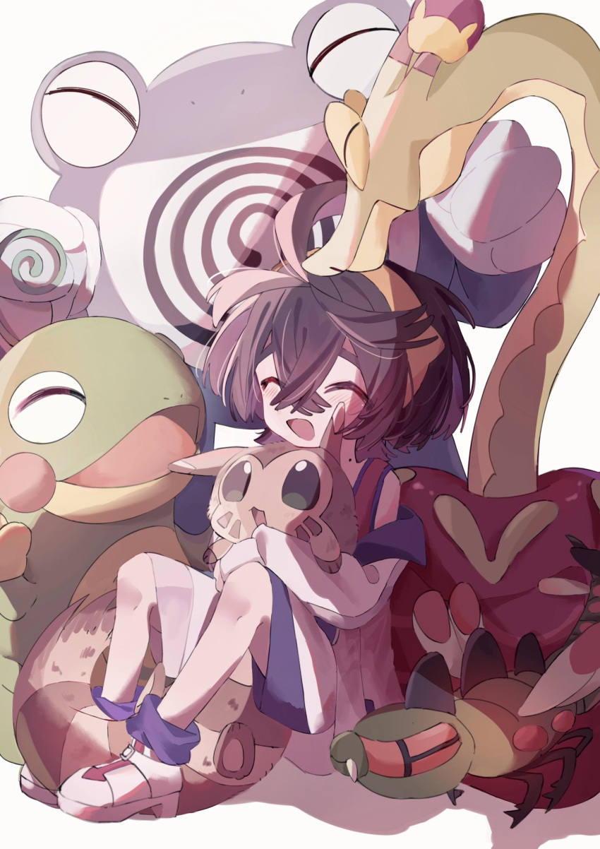 1boy ^_^ black_hair closed_eyes furret hair_between_eyes hairband highres hydrapple jacket kieran_(pokemon) male_focus multicolored_hair open_clothes open_jacket open_mouth pokemon pokemon_(creature) pokemon_sv politoed poliwrath purple_hair r127125 shoes shorts simple_background sitting socks tank_top white_background yanmega