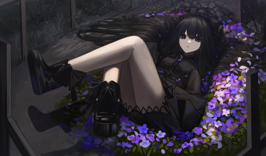 1girl :&lt; absurdres black_bow black_dress black_eyes black_footwear black_hair bow breasts brooch commentary crossed_legs dark dirt dress expressionless feet_up fence flower flower_bed footwear_bow gothic_lolita hair_between_eyes hair_over_eyes hair_spread_out highres hole jewelry knees_up legs light_particles lolita_fashion long_bangs long_hair looking_at_viewer lying on_back original pale_skin parted_lips platform_footwear purple_flower shadow small_breasts solo very_long_hair wooden_fence yamada_maya_(yamdmay)