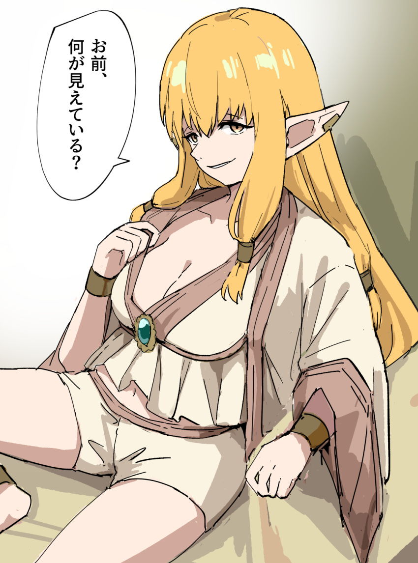 1girl blonde_hair breasts brooch cleavage commentary elf gem green_gemstone highres jewelry large_breasts long_hair looking_at_viewer parted_lips pointy_ears robe serie_(sousou_no_frieren) shorts sitting solo sousou_no_frieren speech_bubble tenten_(chan4545) throne white_robe white_shorts wide_sleeves yellow_eyes