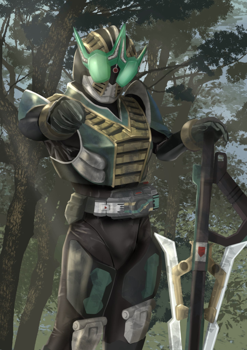 1boy armor belt black_armor black_gloves foreshortening forest gloves gun highres kamen_rider kamen_rider_den-o_(series) kamen_rider_zeronos male_focus nature pointing rider_belt solo standing sword tokusatsu tsubasansan weapon