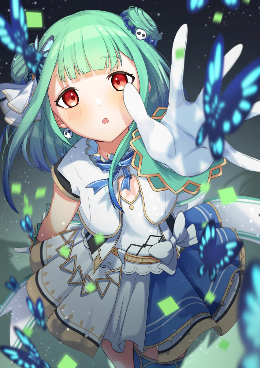 asymmetrical_legwear blue_butterfly blurry blurry_foreground blush bow bowtie bug butterfly butterfly_wings confetti gloves gradient_hair green_hair hair_ornament highres hololive insect_wings multicolored_hair reaching red_eyes skull_hair_ornament uruha_rushia white_gloves wings yuikannon