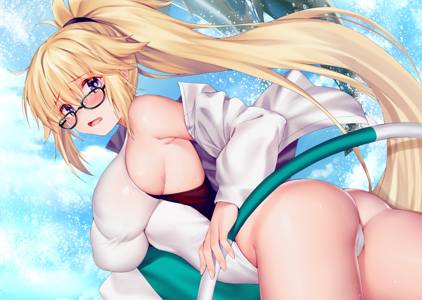 1girl animal ass bag bangs bare_shoulders black-framed_eyewear blonde_hair blue_eyes blue_sky blush breasts cameltoe cloud cloudy_sky competition_swimsuit day dolphin eyebrows_visible_through_hair fate/grand_order fate_(series) highleg highleg_swimsuit highres holding hoop hula_hoop jeanne_d'arc_(fate)_(all) jeanne_d'arc_(swimsuit_archer)_(fate) large_breasts long_hair looking_at_viewer obiwan off_shoulder one-piece_swimsuit open_clothes open_mouth open_shirt outdoors ponytail shiny shiny_clothes shiny_hair shiny_skin shirt simple_background sky swimsuit thighs tied_hair very_long_hair water water_drop white_swimsuit