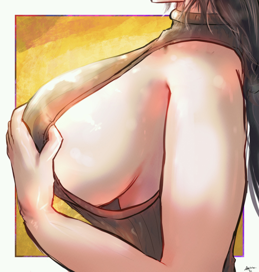 1girl absurdres bare_arms bare_shoulders black_hair border breast_focus breasts brown_sweater_vest close-up commentary english_text from_side girls'_frontline hand_under_clothes head_out_of_frame highres huge_breasts long_hair neischen no_bra ribbed_sweater ro635_(girls'_frontline) ro635_(mod3)_(girls'_frontline) shiny_skin signature simple_background solo sweater sweater_vest turtleneck turtleneck_sweater upper_body white_border yellow_background
