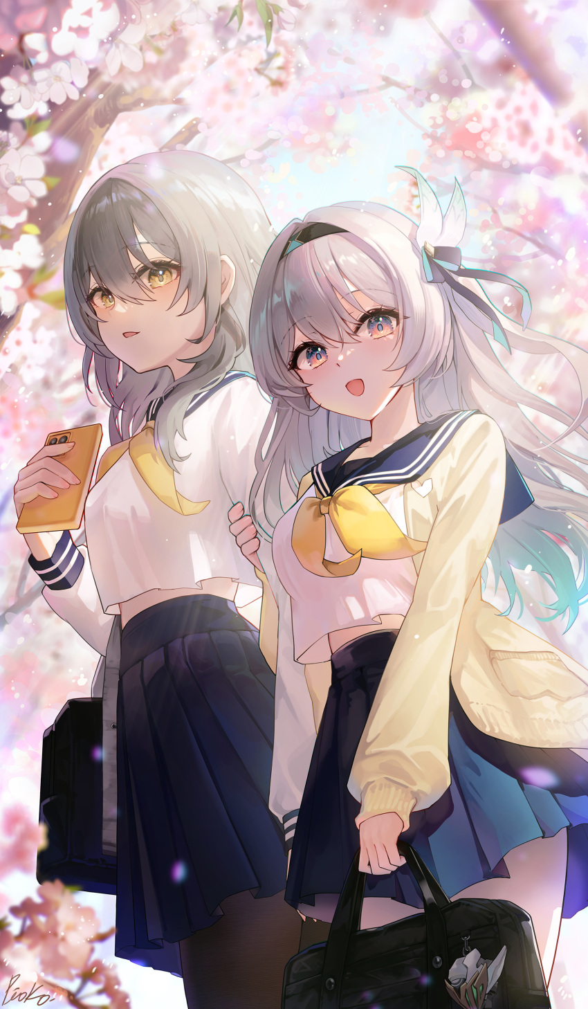 2girls absurdres alternate_costume artist_name bag black_hairband black_pantyhose blue_skirt breasts cardigan cellphone cherry_blossoms firefly_(honkai:_star_rail) from_below grey_hair hair_between_eyes hair_ornament hairband highres holding holding_another's_arm holding_bag holding_phone honkai:_star_rail honkai_(series) long_hair looking_at_viewer medium_breasts midriff_peek multiple_girls neckerchief open_mouth pantyhose phone pistachiocream pleated_skirt purple_eyes school_bag school_uniform serafuku shirt sidelocks skirt smartphone stelle_(honkai:_star_rail) sunlight trailblazer_(honkai:_star_rail) white_shirt yellow_cardigan yellow_eyes yellow_neckerchief