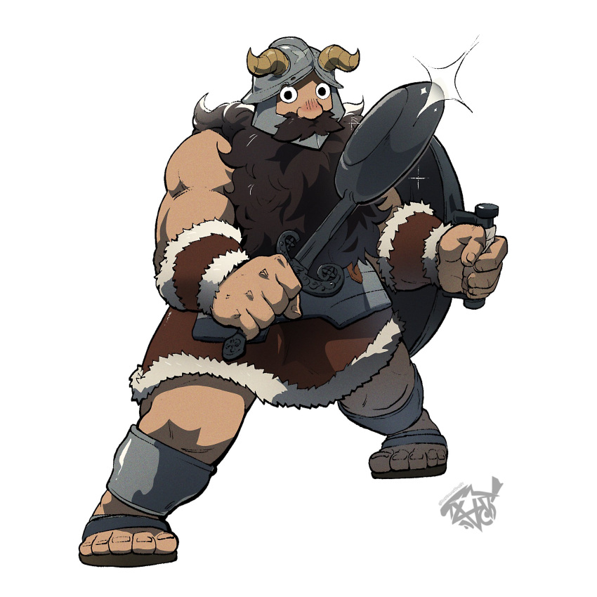 1boy bara beard brown_hair dark-skinned_male dark_skin dual_wielding dungeon_meshi dwarf facial_hair fake_horns fighting_stance full_body glint helmet highres holding horned_helmet horns large_hands long_beard looking_at_viewer male_focus muscular muscular_male official_style senshi_(dungeon_meshi) solo thick_mustache toni_(onygamerpro197) very_long_beard wok