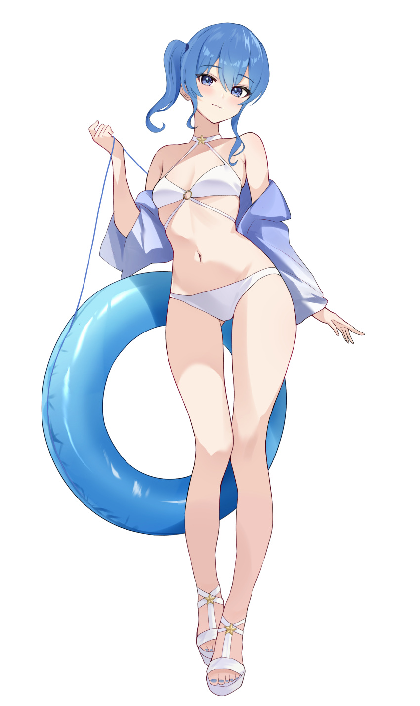 1girl absurdres armpit_crease ass_visible_through_thighs bare_legs bare_shoulders bikini blue_eyes blue_hair blue_jacket blue_nails blush breasts closed_mouth collarbone commentary_request fawny full_body hair_between_eyes head_tilt highres holding holding_swim_ring hololive hoshimachi_suisei jacket legs light_smile medium_breasts nail_polish navel o-ring o-ring_bikini o-ring_top off_shoulder open_clothes open_jacket sandals side_ponytail sidelocks simple_background solo standing star_(symbol) star_in_eye stomach swim_ring swimsuit symbol_in_eye toenail_polish toenails toes virtual_youtuber white_background white_bikini white_footwear