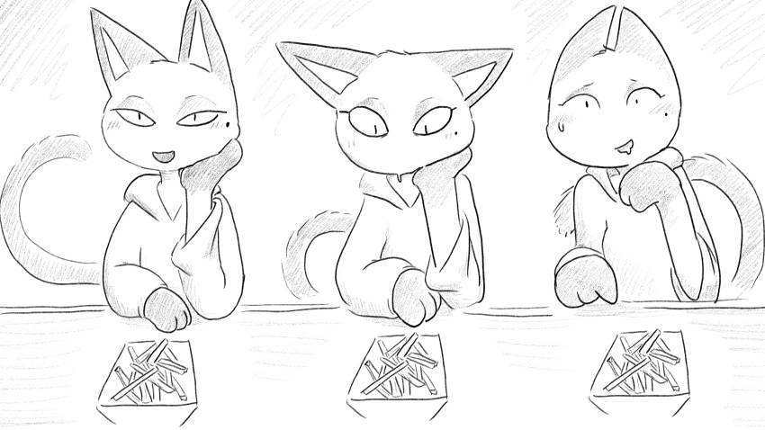 animal_crossing anthro blush bodily_fluids clothed clothing dialogue_in_description domestic_cat dragonweirdo felid feline felis female food fries gesture greyscale hand_gesture hand_on_cheek hi_res hoodie mammal monochrome nervous nintendo olivia_(animal_crossing) pointing solo sweat topwear