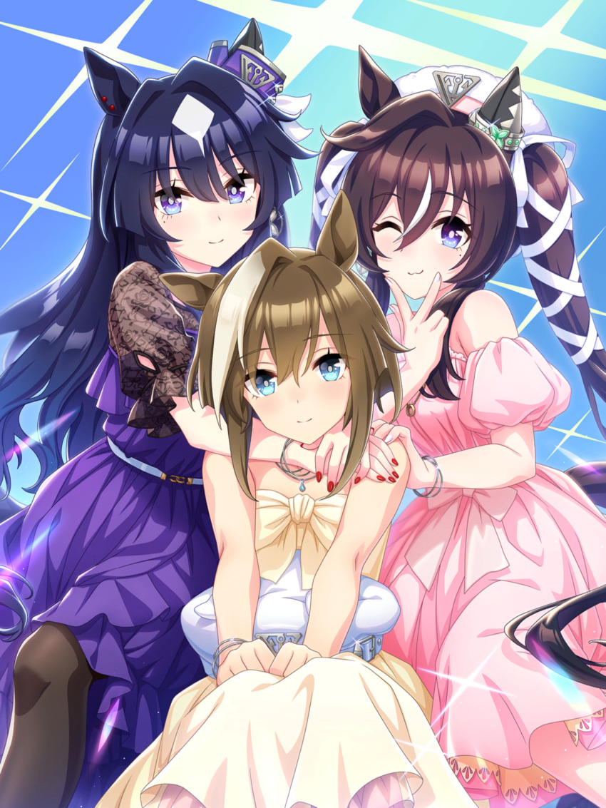 3girls :3 absurdres alternate_costume animal_ears blue_background blue_eyes blush cheval_grand_(umamusume) closed_mouth dress earrings fingernails hat highres horse_ears horse_girl hug jewelry medium_hair mole mole_under_eye multiple_girls necklace official_art one_eye_closed pantyhose siblings single_earring sisters sitting smile umamusume unworn_hat unworn_headwear v v_sisters verxina_(umamusume) vivlos_(umamusume)