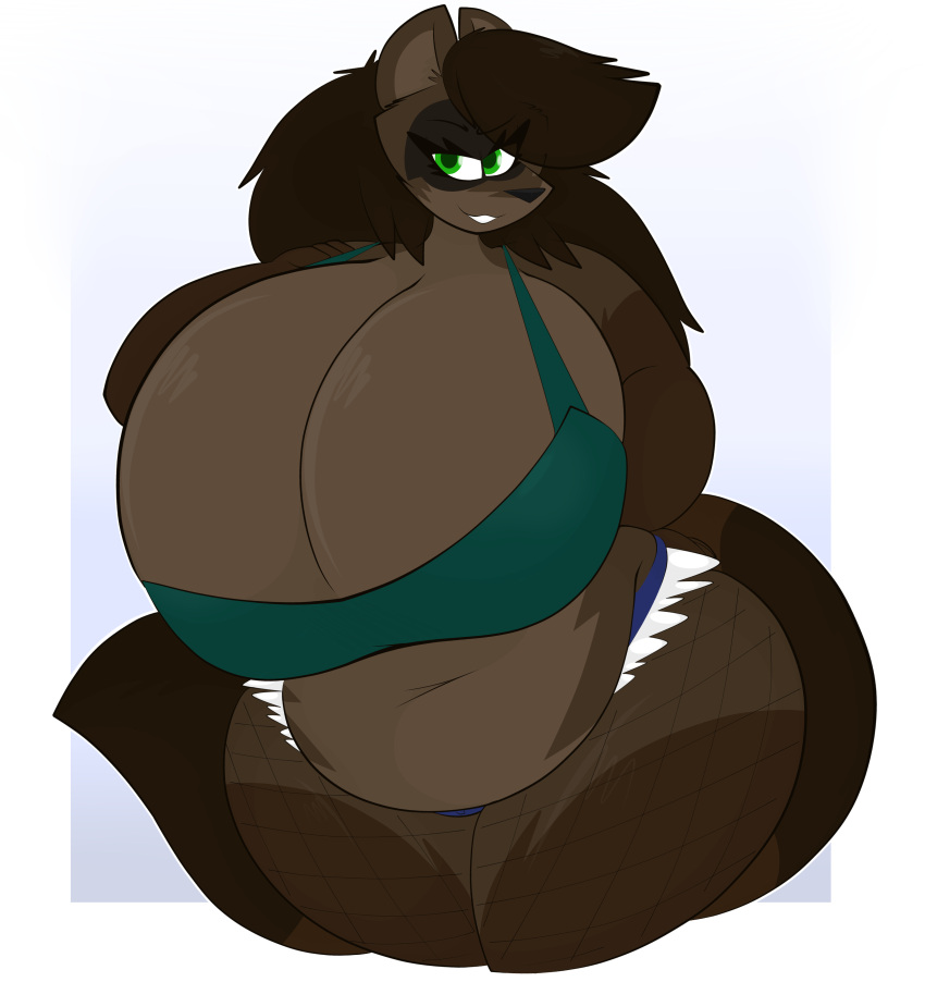 absurd_res anthro belly big_breasts bottomwear bra breasts brown_body brown_fur brown_hair canid canine clothing cyan_background female fur green_bra green_clothing green_eyes green_underwear hair hi_res huge_breasts hybrid legwear long_hair mammal procyonid raccoon raccoon_dog raccoonuki raquel_(raccoonuki) shorts simple_background sketch slightly_chubby slightly_chubby_female solo sports_bra stockings tanuki thick_thighs toony underwear white_background