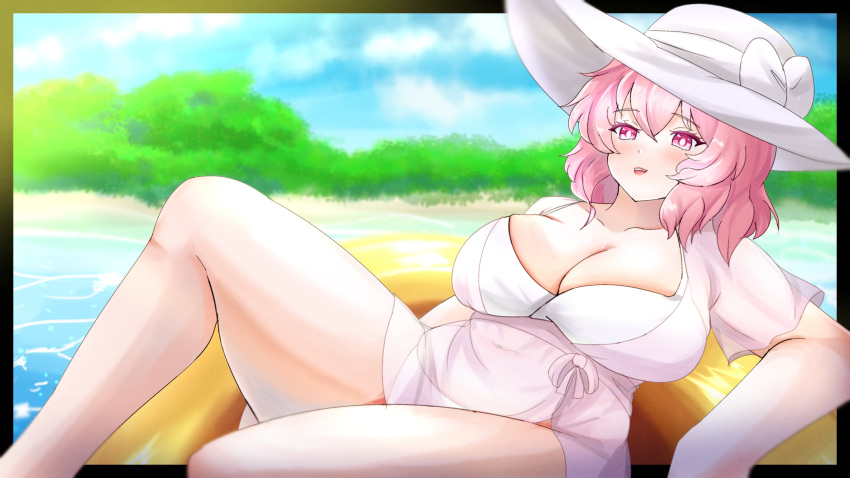 1girl absurdres alternate_costume beach blurry blurry_background breasts commentary dress ginari highres large_breasts one-piece_swimsuit open_mouth pink_eyes pink_hair saigyouji_yuyuko saigyouji_yuyuko_(seamless_swimsuit_ghost) short_hair solo swimsuit touhou touhou_lostword white_dress white_hat white_one-piece_swimsuit