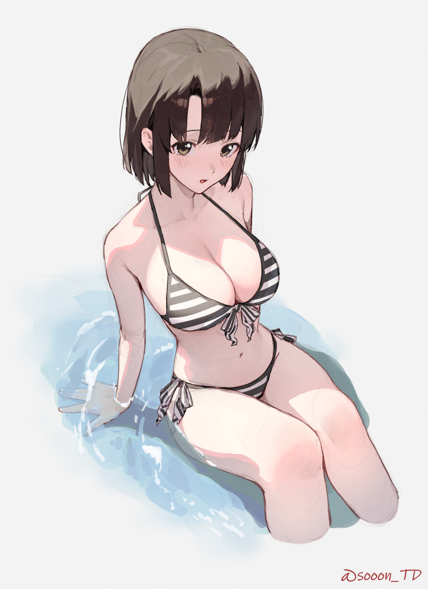 1girl absurdres arm_support bikini black_bikini breasts brown_eyes brown_hair cleavage commentary front-tie_bikini_top front-tie_top highres katou_megumi looking_at_viewer medium_breasts navel open_mouth partially_submerged saenai_heroine_no_sodatekata short_hair side-tie_bikini_bottom sitting solo sooon striped_bikini striped_clothes swimsuit twitter_username water white_bikini