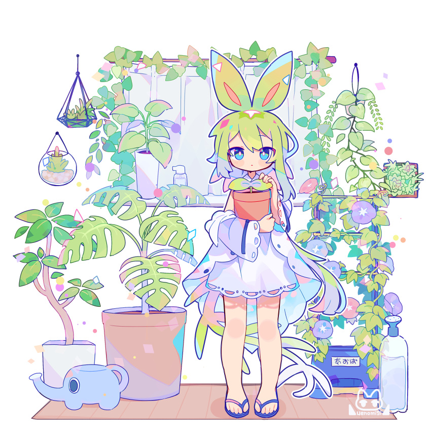 1girl absurdres blue_eyes bottle bright_pupils dress flip-flops full_body green_hair highres looking_at_viewer original plant potted_plant sandals uenomigi water_bottle white_background white_dress white_pupils