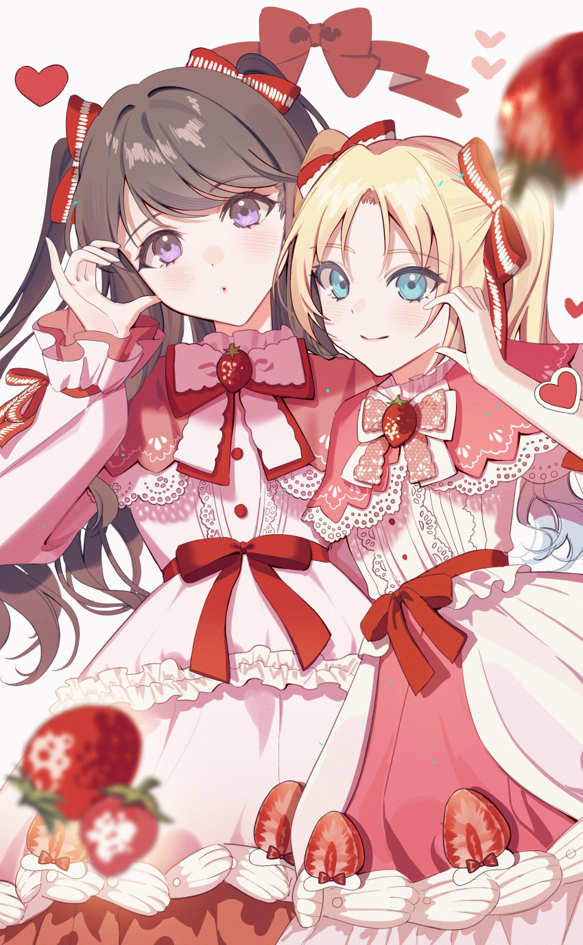2girls absurdres blonde_hair blue_eyes blush bow brown_hair capelet closed_mouth commentary dkou dress dress_ribbon falling food food-themed_clothes frilled_dress frills fruit fujishima_megumi hair_ribbon half-heart_hands hand_on_own_face head_tilt heart highres lace-trimmed_capelet lace-trimmed_dress lace_trim link!_like!_love_live! long_hair long_sleeves looking_at_viewer love_live! mira-cra_park! motion_blur multiple_girls official_alternate_costume osawa_rurino parted_bangs pink_capelet pink_dress puckered_lips puffy_long_sleeves puffy_sleeves purple_eyes red_bow red_ribbon ribbon smile strawberry symbol-only_commentary twintails two_side_up virtual_youtuber white_background white_dress