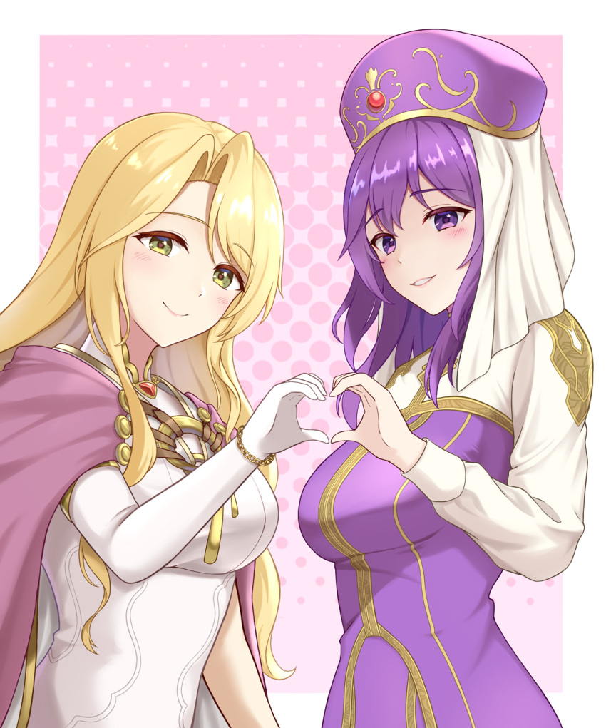 2girls blonde_hair breasts cape dress elbow_gloves eremiya_(fire_emblem) fire_emblem fire_emblem:_the_binding_blade fire_emblem:_the_blazing_blade fire_emblem_heroes gloves gold_trim green_eyes hat heart heart_hands heart_hands_duo highres jewelry long_dress long_hair long_sleeves looking_at_viewer medium_hair multiple_girls polka_dot polka_dot_background purple_dress purple_eyes purple_hair purple_hat saint_elimine_(fire_emblem) simple_background single_glove smile takaneko upper_body veil very_long_hair white_dress white_veil