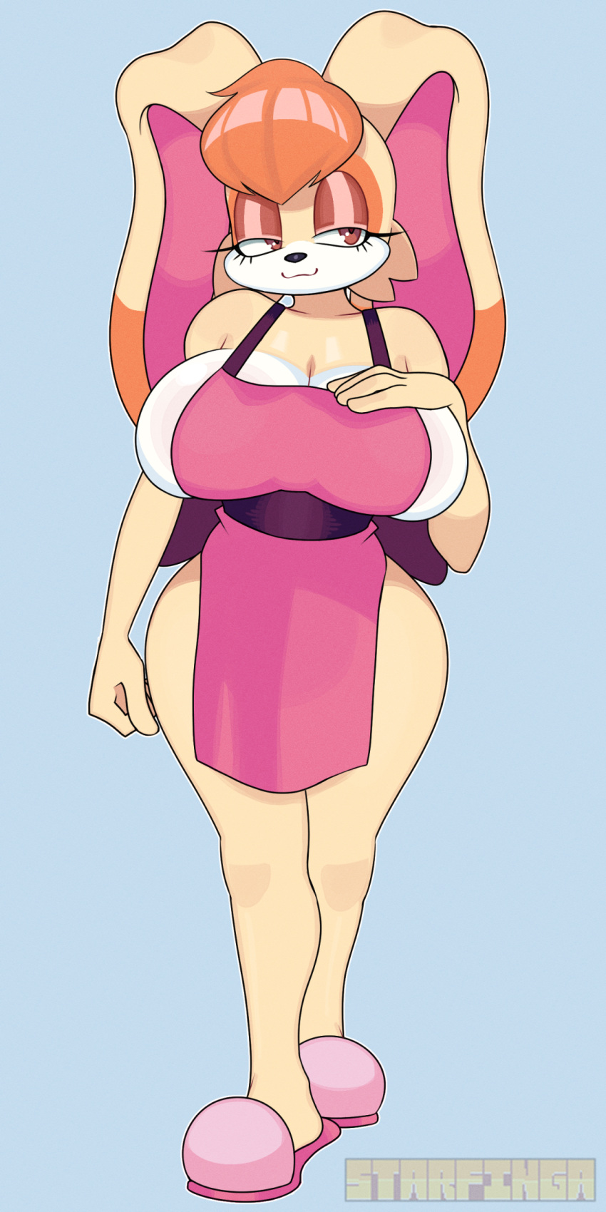 anthro apron apron_only big_breasts breasts clothing female footwear hi_res mature_female mommy_kink mostly_nude sega shoes slippers solo sonic_the_hedgehog_(series) starfinga thick_thighs vanilla_the_rabbit wide_hips