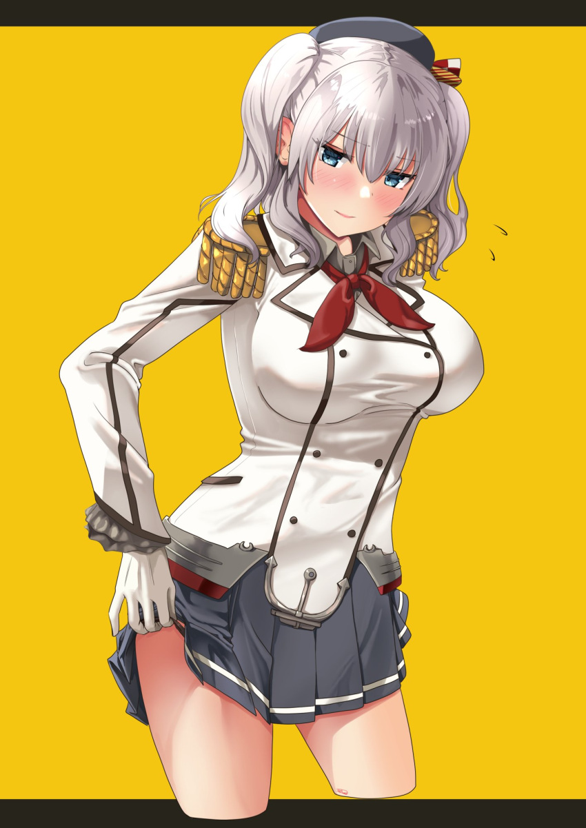 1girl adjusting_clothes adjusting_panties beret black_panties black_skirt blue_eyes breasts commentary_request cropped_legs epaulettes flying_sweatdrops gloves grey_hair hat highres jacket jouzaburou_(joe3) kantai_collection kashima_(kancolle) large_breasts long_hair long_sleeves looking_at_viewer military_jacket military_uniform neckerchief panties pleated_skirt red_neckerchief sidelocks skirt smile solo tsurime twintails underwear uniform wavy_hair white_gloves yellow_background