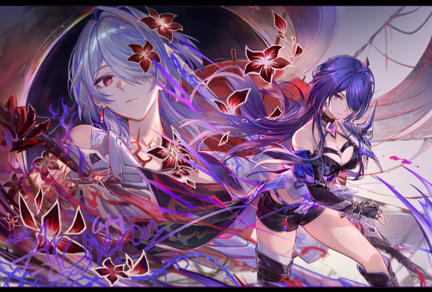 1girl acheron_(honkai:_star_rail) artist_name black_choker black_shorts boots breasts character_name choker cleavage closed_mouth commentary_request csyday hair_over_one_eye highres holding holding_sword holding_weapon honkai:_star_rail honkai_(series) katana large_breasts long_hair multiple_views official_alternate_color purple_eyes purple_hair red_hair short_shorts shorts sword thigh_boots very_long_hair weapon white_hair