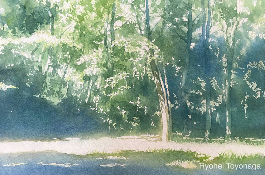 absurdres day forest highres light_rays nature no_humans original outdoors painting_(medium) plant scenery shadow sunlight toyonaga_ryouhei traditional_media tree watercolor_(medium)