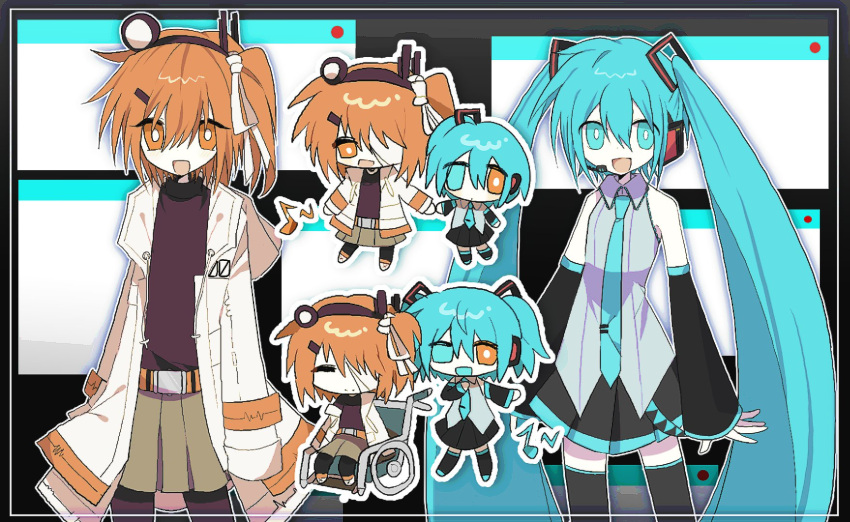 0001_(vocaloid) 2girls a.i._voice adachi_rei age_progression alternate_eye_color alternate_hairstyle anze_(cafyj8) bandage_over_one_eye black_background black_skirt black_sleeves black_thighhighs blue_eyes brown_skirt chibi chibi_inset commentary detached_sleeves grey_shirt hair_ornament hairclip hand_on_own_chest hatsune_miku headlamp heterochromia highres hood hood_down hooded_jacket inset_border jacket long_hair looking_at_viewer matching_hairstyle miniskirt missing_eye multiple_girls multiple_views music musical_note one_side_up open_clothes open_jacket open_mouth orange_eyes outline pantyhose pleated_skirt radio_antenna red_pantyhose red_shirt ribbon shirt singing sitting skirt sleeveless sleeveless_shirt smile thighhighs twintails two_side_up utau very_long_hair vocaloid wheelchair white_jacket white_outline white_ribbon window_(computing)