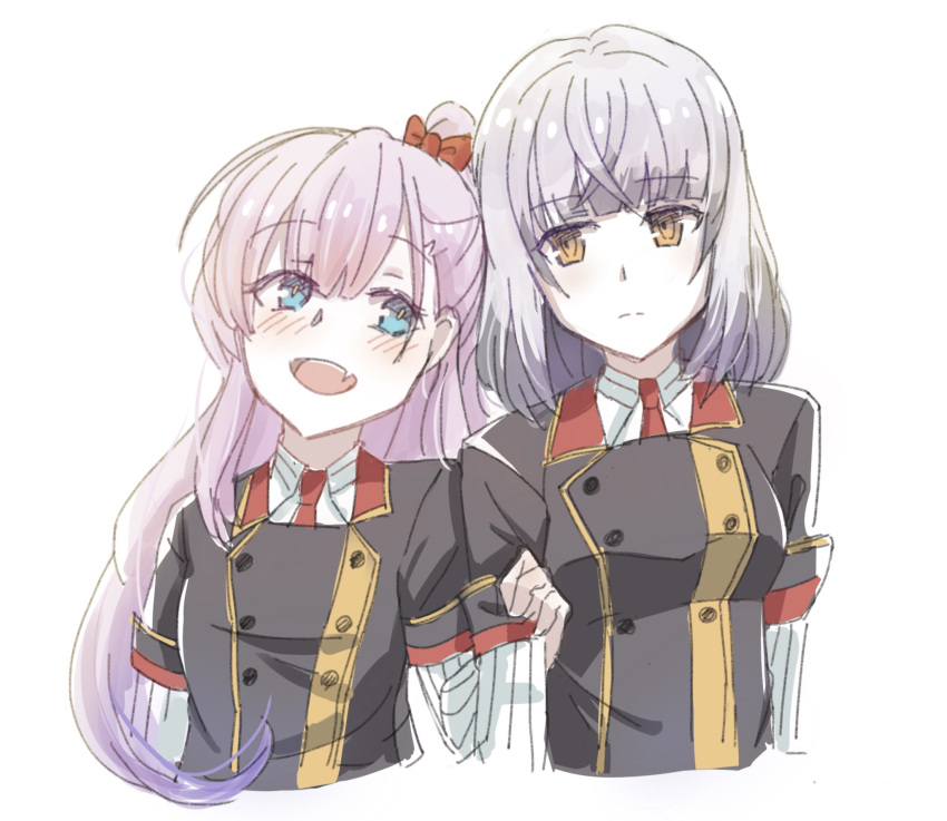 2girls auo123 blue_eyes blush bow brown_eyes closed_mouth eyebrows_visible_through_hair fang grey_hair highres long_hair looking_at_another medium_hair multiple_girls open_mouth ponytail red_neckwear satsuki_yomi simple_background skin_fang sleeves_rolled_up toji_no_miko tongue tsubakuro_yume upper_body white_background