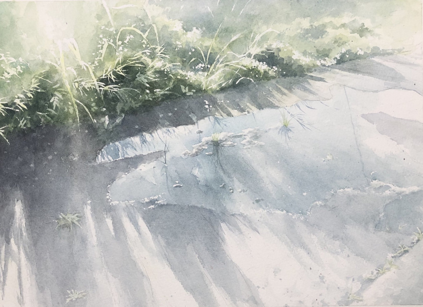 grass highres no_humans original painting_(medium) path plant scenery shadow sunlight toyonaga_ryouhei traditional_media watercolor_(medium)