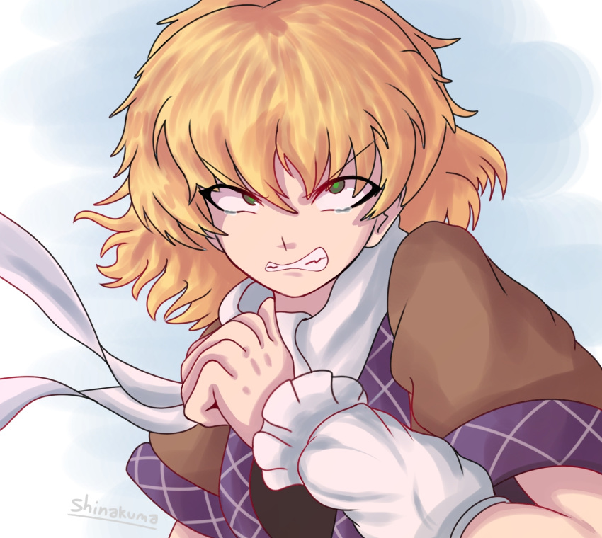 1girl arm_warmers artist_name black_shirt blonde_hair blue_background brown_shirt clenched_hand clenched_teeth commentary english_commentary green_eyes hair_between_eyes highres long_bangs looking_at_viewer mizuhashi_parsee scarf shinakuma shirt short_hair short_sleeves solo tearing_up teeth touhou undershirt upper_body v-shaped_eyebrows white_scarf