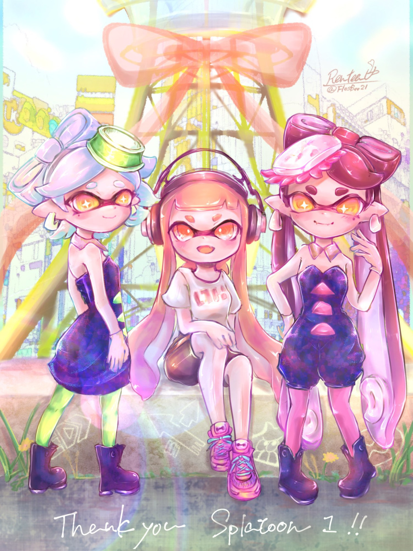 3girls :d bare_shoulders bike_shorts black_footwear black_shorts blue_dress blue_jumpsuit boots bow-shaped_hair bright_pupils callie_(splatoon) closed_mouth colored_tongue cousins cross-shaped_pupils dandelion detached_collar dress earrings flower gloves graffiti grass green_pantyhose grey_hair hand_on_own_knee hand_up headphones highres ho2yrentea in-universe_location inkling inkling_girl inkling_player_character jewelry jumpsuit long_hair looking_at_viewer marie_(splatoon) mole mole_under_eye multiple_girls orange_eyes orange_hair orange_tongue pantyhose pink_footwear pink_hair pink_pantyhose pointy_ears radio_tower shirt shoelaces shoes short_hair short_jumpsuit short_sleeves shorts sitting smile sneakers splatoon_(series) splatoon_1 standing strapless strapless_dress suction_cups symbol-shaped_pupils t-shirt tentacle_hair thank_you twitter_username very_long_hair white_pupils white_shirt yellow_flower