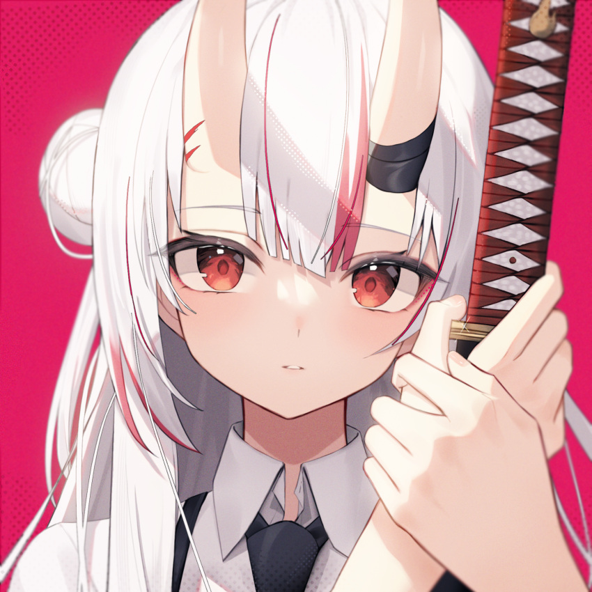 1girl collared_shirt hair_bun highres holding holding_sword holding_weapon hololive horns long_hair looking_at_viewer multicolored_hair nakiri_ayame nakiri_ayame_(streetwear) official_alternate_costume parted_lips portrait red_eyes red_hair shirt skin-covered_horns solo streaked_hair sword thomas_8000 virtual_youtuber weapon white_hair