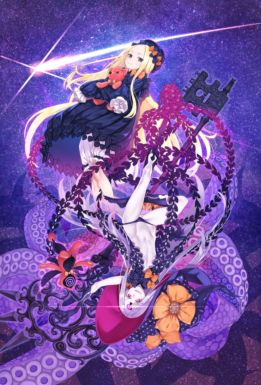 2girls abigail_williams_(fate) abigail_williams_(third_ascension)_(fate) bare_shoulders black_bow black_dress black_panties blonde_hair bloomers blue_eyes bow breasts closed_mouth colored_skin dress dual_persona fate/grand_order fate_(series) forehead glowing glowing_eye grin hair_bow hat highres key keyhole legs long_hair matsuryuu multiple_girls multiple_hair_bows navel orange_bow panties parted_bangs pink_eyes polka_dot polka_dot_bow ribbed_dress sharp_teeth shooting_star skull_print sky sleeves_past_fingers sleeves_past_wrists small_breasts smile staff star_(sky) star_(symbol) star_print starry_sky stuffed_animal stuffed_toy teddy_bear teeth tentacles third_eye underwear very_long_hair white_bloomers white_hair white_skin witch_hat