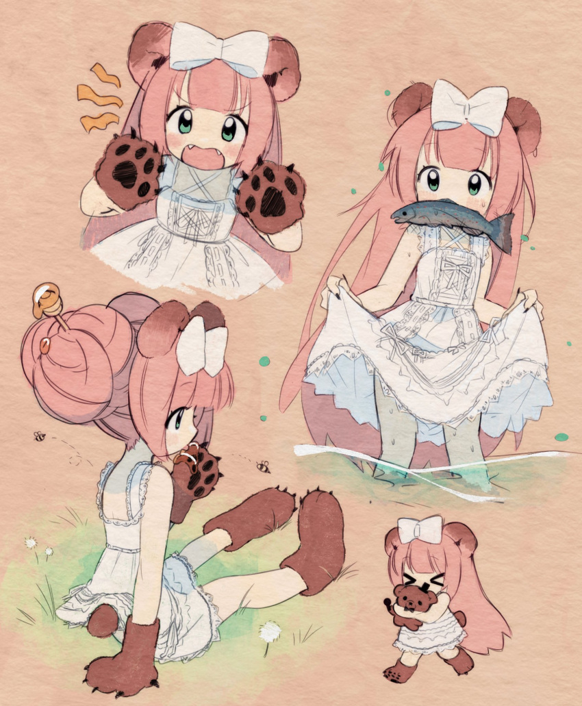 &gt;_&lt; 1girl animal_ears animal_hands bear_ears bear_girl bee black_nails blush bow bug chromu dandelion dress english_text fangs fish flower gloves grass green_eyes hair_bow hair_bun highres holding holding_stuffed_toy honey indie_virtual_youtuber licking lisa_(mochi070823) long_hair mouth_hold multiple_views nail_polish open_mouth paw_gloves paw_shoes pink_hair simple_background single_hair_bun sitting skirt_hold sleeveless sleeveless_dress stuffed_animal stuffed_toy teddy_bear very_long_hair virtual_youtuber wet wet_clothes white_dress