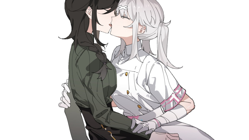 2girls braid brown_hair chinese_commentary closed_eyes collared_dress commentary_request dress french_kiss gloves green_sweater grey_hair hand_on_another's_arm highres kiss long_hair long_sleeves molu_stranger multiple_girls nijisanji shirayuki_tomoe short_sleeves simple_background single_braid sukoya_kana sweater tongue tongue_out twintails upper_body virtual_youtuber white_background white_dress white_gloves wrist_wrap yuri