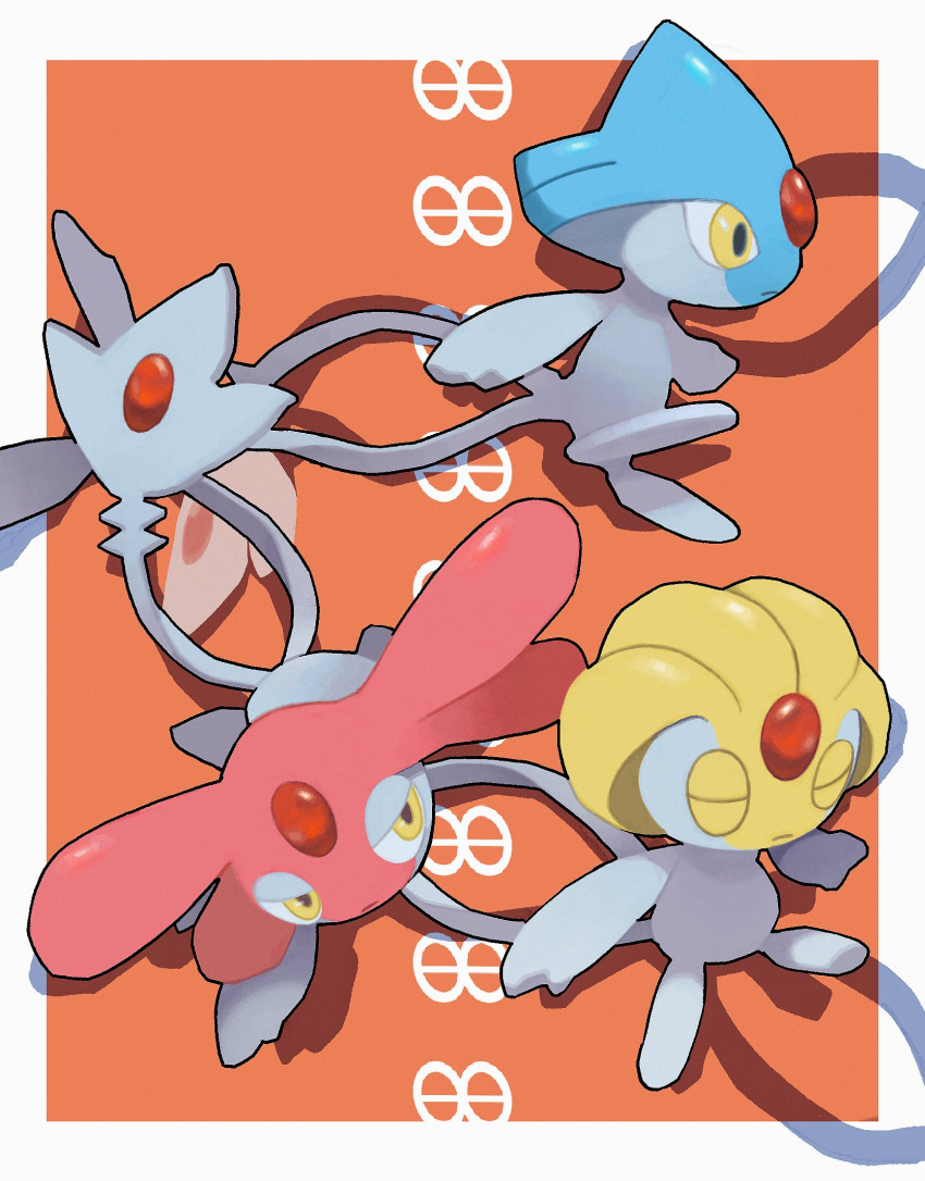 azelf border closed_eyes closed_mouth commentary_request forehead_jewel gogot half-closed_eyes highres mesprit no_humans orange_background pokemon pokemon_(creature) uxie white_border yellow_eyes