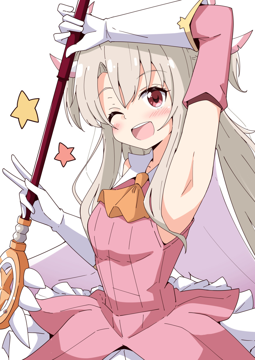 1girl ;d absurdres aikawa_ryou arm_up armpits ascot bare_shoulders blush brown_ascot commentary_request detached_sleeves dress elbow_gloves fate/kaleid_liner_prisma_illya fate_(series) gloves grey_hair hair_between_eyes highres holding holding_wand illyasviel_von_einzbern looking_at_viewer one_eye_closed parted_bangs pink_dress pink_sleeves pleated_skirt red_eyes simple_background skirt sleeveless sleeveless_dress smile solo star_(symbol) teeth two_side_up upper_teeth_only wand white_background white_gloves white_skirt