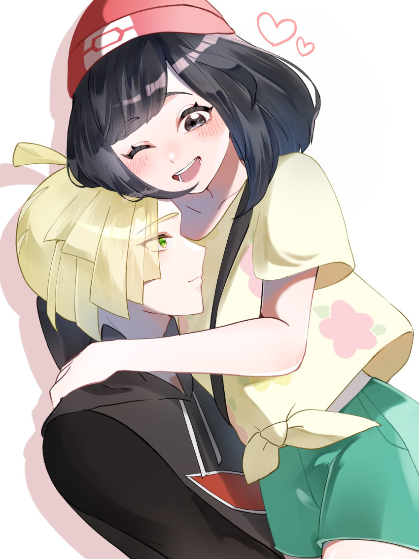 1boy 1girl ;d beanie black_hair black_shirt blush commentary_request floral_print gladion_(pokemon) green_shorts hat heart highres kamicho_musharu one_eye_closed open_mouth pokemon pokemon_sm selene_(pokemon) shirt short_sleeves shorts smile t-shirt tassel teeth tied_shirt tongue undershirt vest yellow_shirt