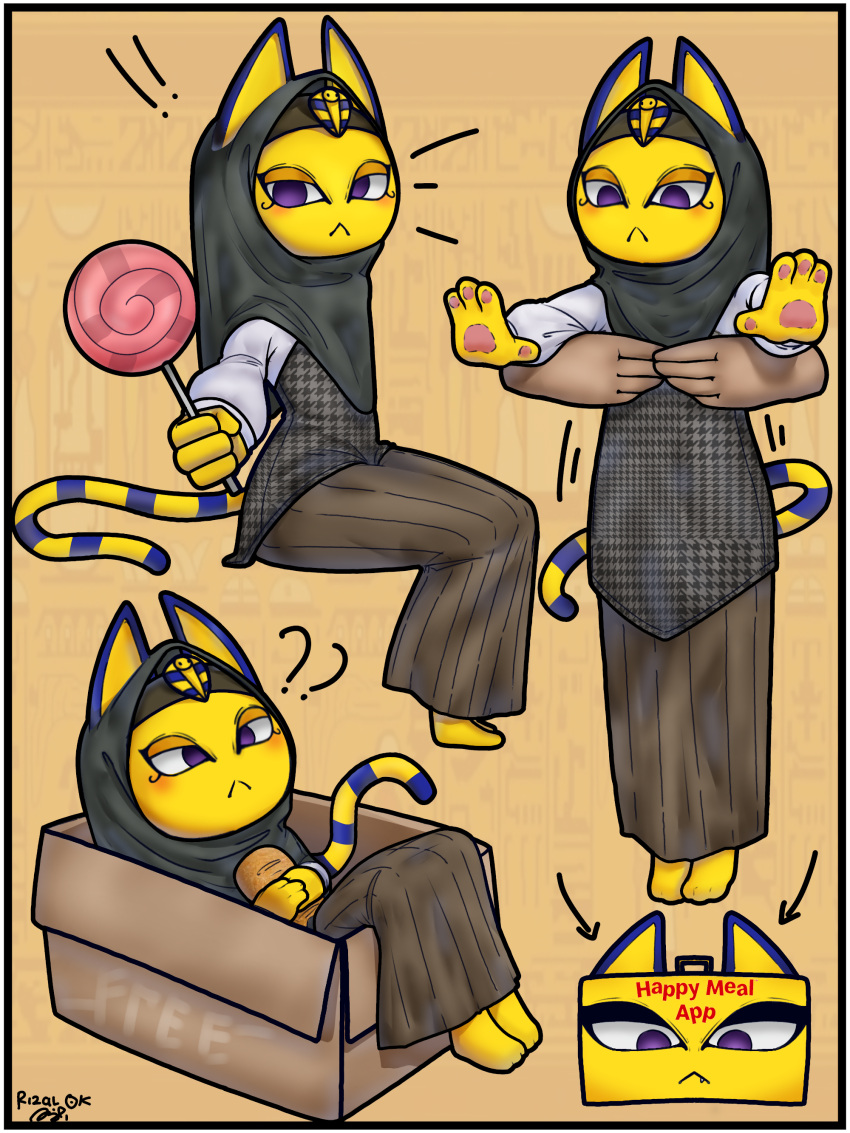 absurd_res animal_crossing ankha_(animal_crossing) ankha_zone anthro candy cat_tail clothed clothing dessert domestic_cat felid feline felis female food group headgear headwear hi_res hijab mammal nintendo religious_clothing religious_headwear rizal_ok trio yellow_body