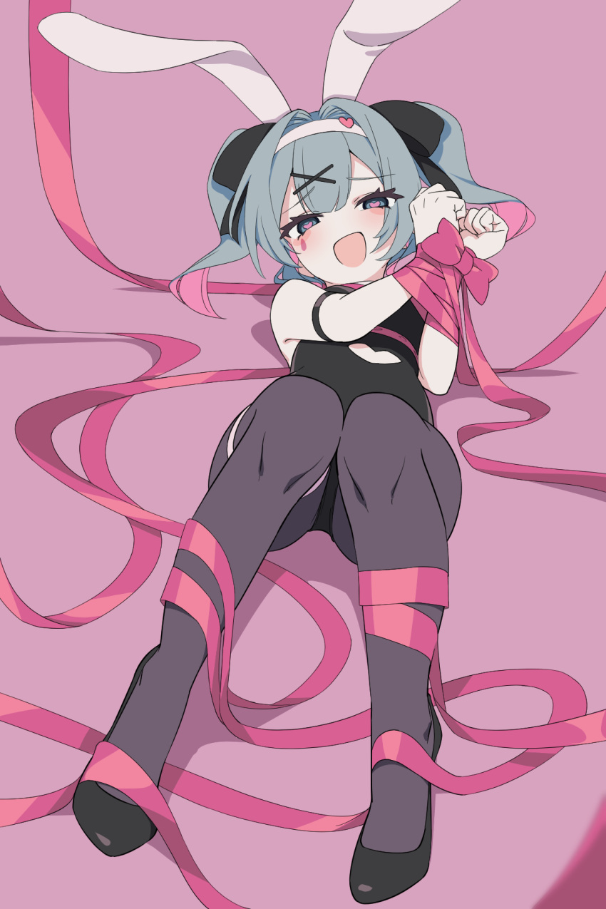 1girl animal_ears baasaku_(balasaku24) black_footwear black_leotard black_pantyhose black_ribbon blush bound bound_wrists breasts fake_animal_ears hair_ornament hair_ribbon hairband hairclip hatsune_miku heart heart-shaped_pupils highres leotard long_hair looking_at_viewer lying multicolored_hair on_bed open_mouth pantyhose pink_hair pink_ribbon playboy_bunny rabbit_ears rabbit_hole_(vocaloid) ribbon simple_background small_breasts solo symbol-shaped_pupils teardrop_facial_mark twintails vocaloid white_hairband x_hair_ornament