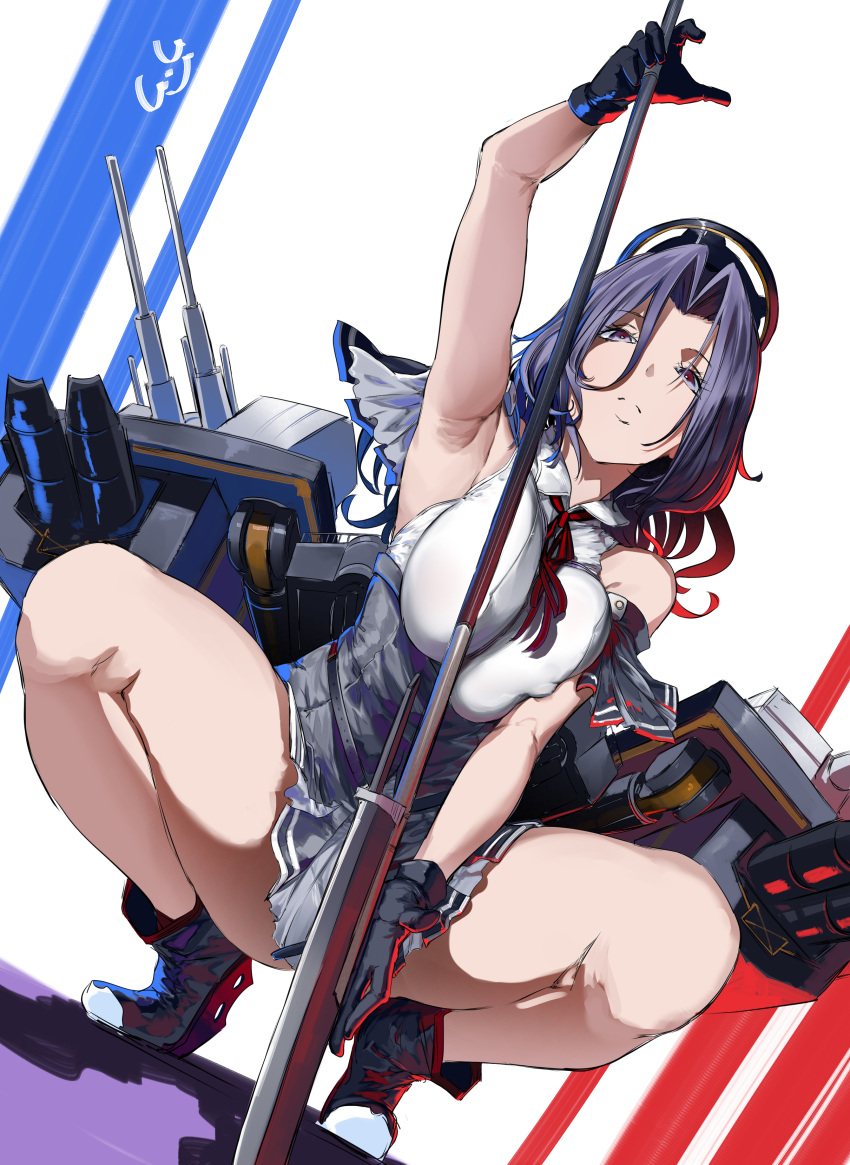 1girl absurdres adapted_turret black_capelet black_footwear black_gloves blush breasts cannon capelet full_body gegeron glaive_(polearm) gloves hair_intakes halo headgear high-waist_skirt high_heels highres kantai_collection large_breasts long_hair looking_at_viewer machinery mast mechanical_halo neck_flower open_mouth partially_fingerless_gloves polearm purple_eyes purple_hair rigging shirt simple_background skirt sleeveless sleeveless_shirt smile smokestack solo squatting tatsuta_(kancolle) tatsuta_kai_ni_(kancolle) turret weapon