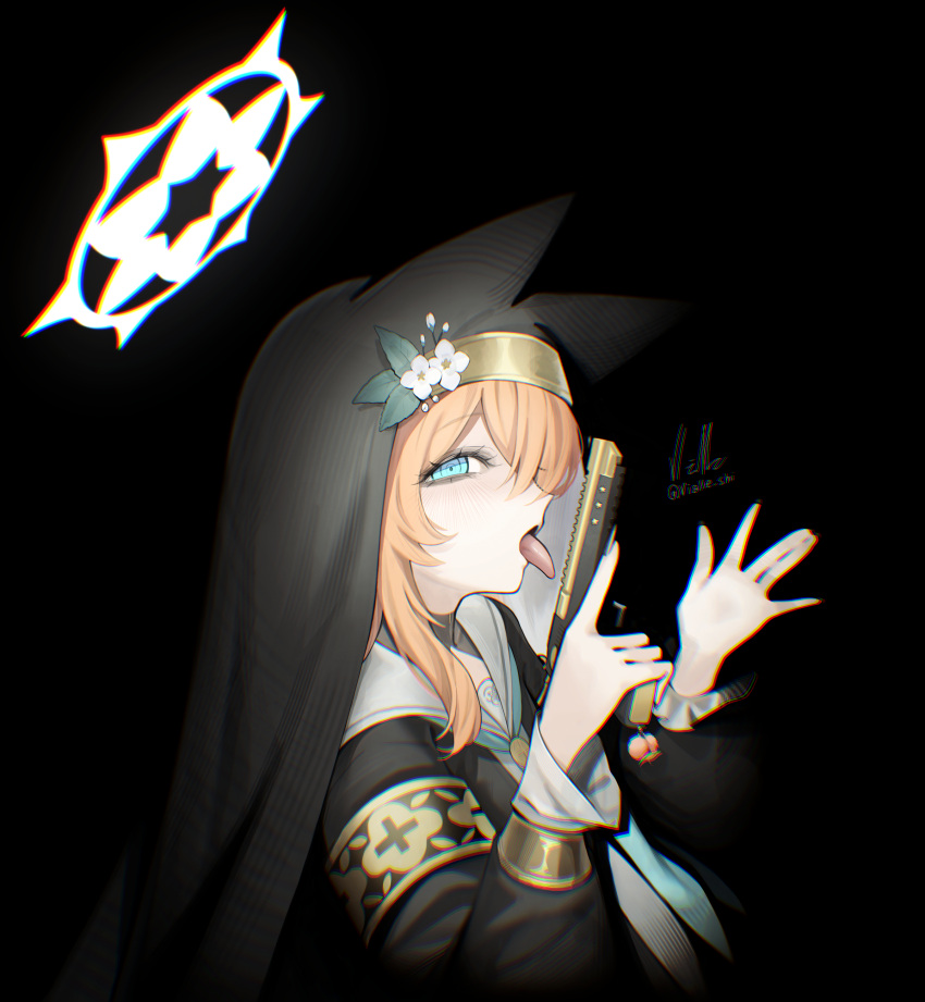 absurdres animal_ears black_background blonde_hair blue_archive chromatic_aberration green_eyes gun habit hair_ornament halo handgun highres leaf leaf_hair_ornament looking_at_viewer mari_(blue_archive) nail_polish nun signature tongue tongue_out veil vialle weapon