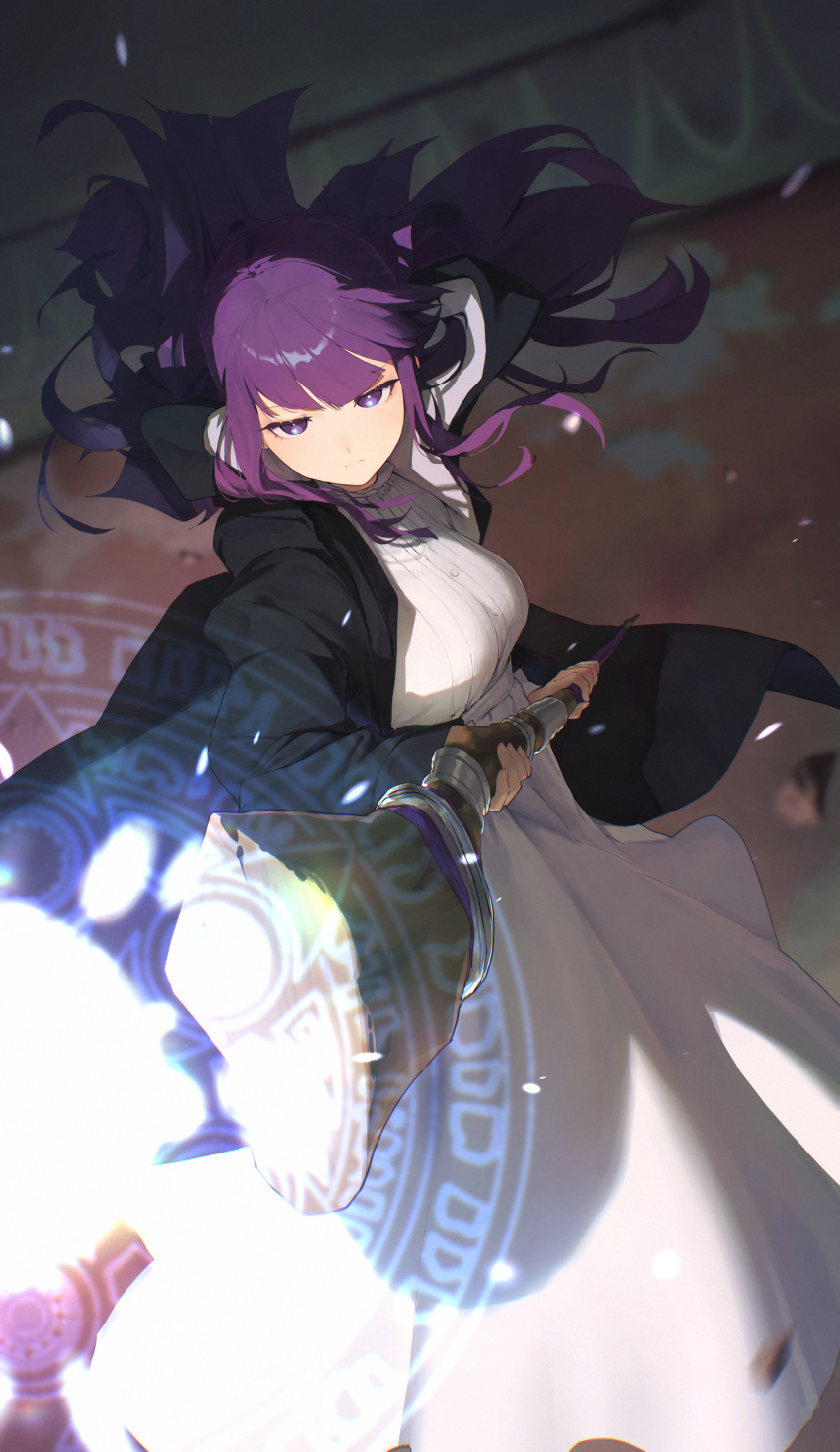 1girl absurdres alaskastomatoez black_robe blunt_bangs breasts closed_mouth dress fern_(sousou_no_frieren) foreshortening hair_lift highres holding holding_staff large_breasts mage_staff magic purple_eyes purple_hair purple_pupils robe solo sousou_no_frieren staff straight_hair white_dress