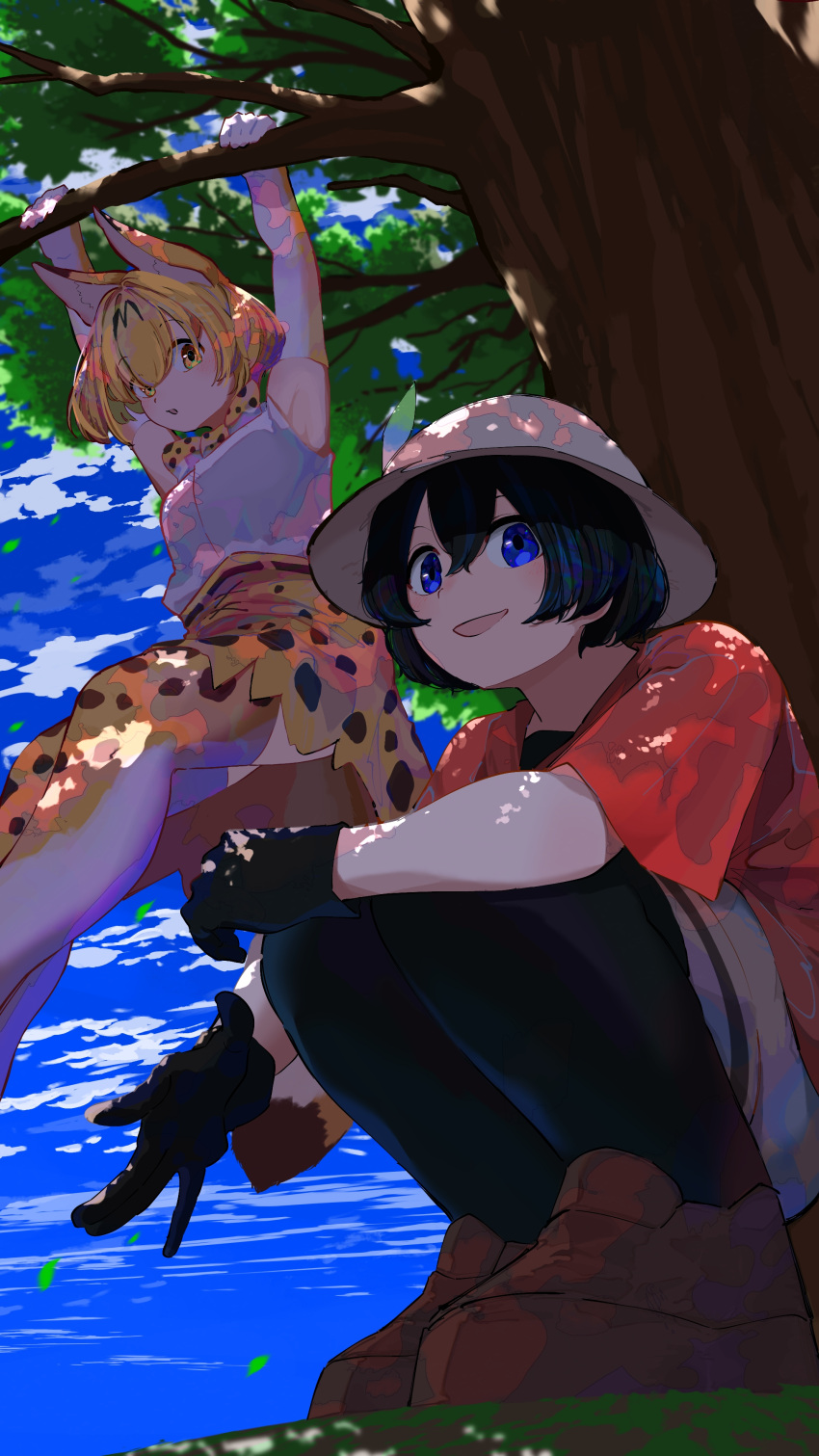 2girls absurdres animal_ears backpack bag black_hair blonde_hair blush bow bowtie dappled_sunlight elbow_gloves extra_ears gloves hat hat_feather helmet highres kaban_(kemono_friends) kemono_friends multiple_girls open_mouth pith_helmet print_bow print_bowtie red_shirt serval_(kemono_friends) serval_print shirt short_hair shorts skirt sleeveless sleeveless_shirt smile sunlight tail thighhighs yuara