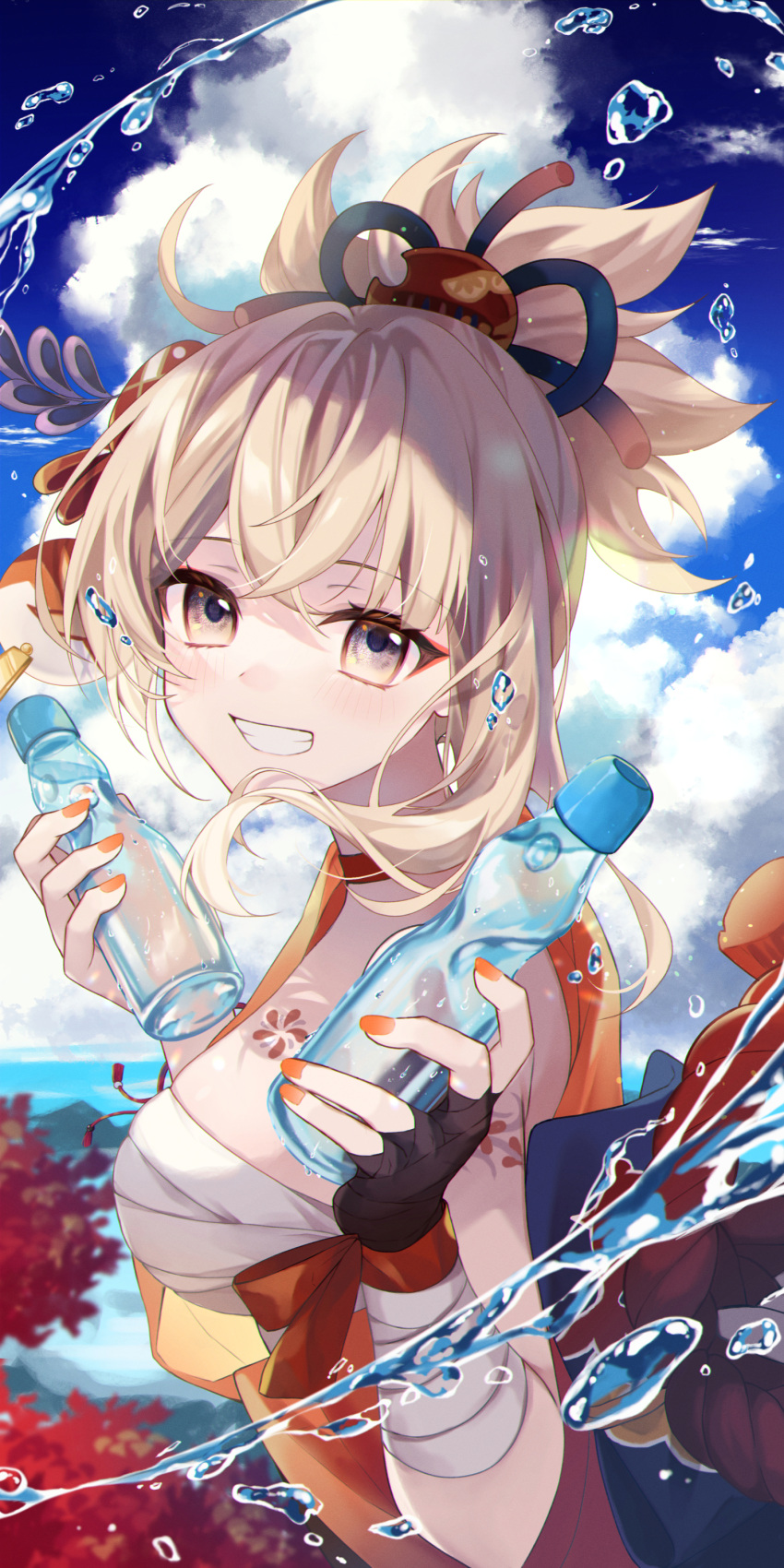 1girl absurdres air_bubble arm_tattoo asymmetrical_sidelocks bandaged_arm bandages blonde_hair bottle bubble chest_sarashi choker cloud cloudy_sky floating_hair from_side genshin_impact hand_wraps highres holding holding_bottle japanese_clothes kimono looking_at_viewer medium_hair open_mouth orange_nails ougi_(u_to4410) outdoors red_choker sarashi sky smile solo tattoo teeth water_bottle yellow_eyes yoimiya_(genshin_impact)