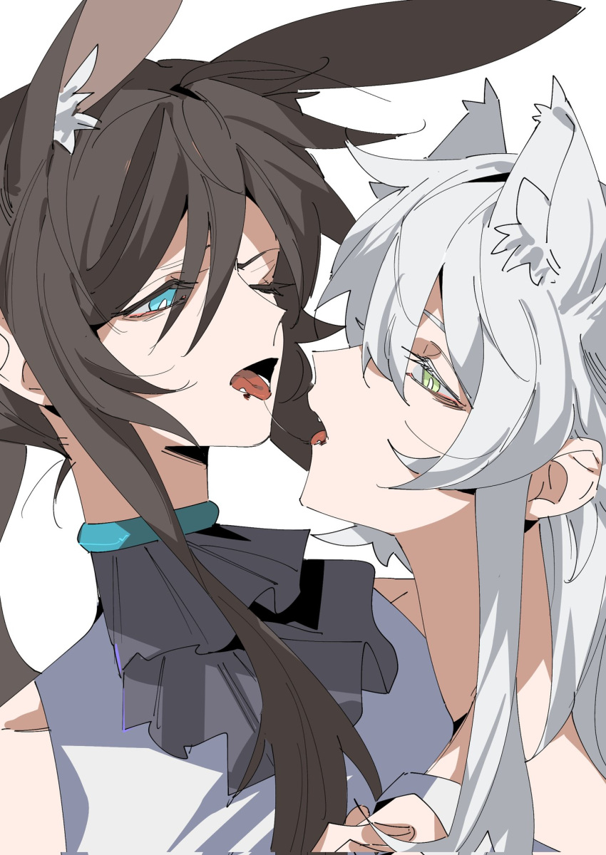 2girls after_kiss amiya_(arknights) animal_ear_fluff animal_ears arknights ascot blue_eyes bright_pupils brown_hair cat_ears commentary corrupted_twitter_file eye_contact green_eyes hand_on_another's_shoulder highres long_hair looking_at_another molu_stranger multiple_girls open_mouth ponytail purple_ascot rabbit_ears rosmontis_(arknights) saliva saliva_trail sidelocks simple_background tongue tongue_out upper_body white_background white_hair white_pupils