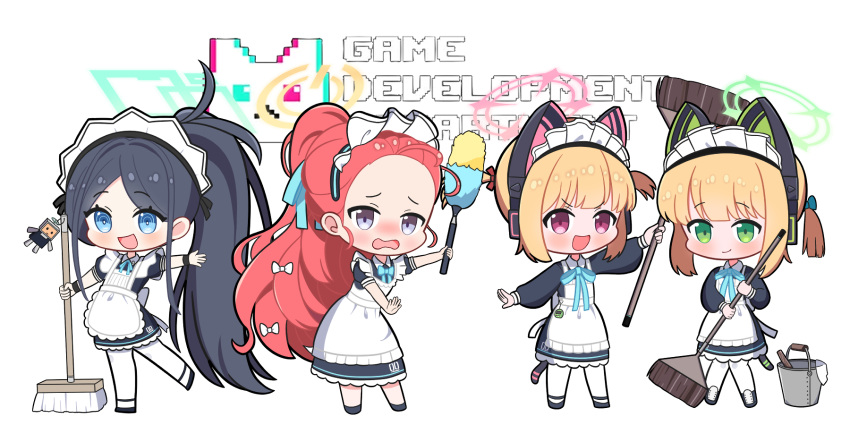 &lt;key&gt;_(robot)_(blue_archive) 4girls :d apron aris_(blue_archive) aris_(maid)_(blue_archive) black_dress black_hair blonde_hair blue_archive blue_bow blue_eyes blue_halo blue_ribbon blush bow broom bucket bucket_of_water cat_tail chibi closed_mouth dress duster feather_duster game_development_department_(blue_archive) green_eyes green_halo grey_eyes hair_bow halo highres holding holding_broom holding_bucket holding_mop long_hair luceee maid maid_apron maid_headdress medium_hair midori_(blue_archive) midori_(maid)_(blue_archive) momoi_(blue_archive) momoi_(maid)_(blue_archive) mop multiple_girls neck_ribbon number_print official_alternate_costume official_alternate_hairstyle open_mouth pink_bow pink_eyes pink_halo ponytail red_hair ribbon robot simple_background smile tail very_long_hair wavy_mouth white_background white_bow yellow_halo yuzu_(blue_archive) yuzu_(maid)_(blue_archive)