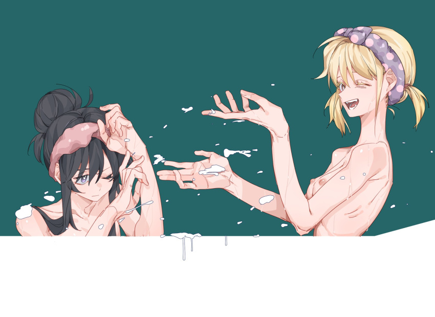 2girls bathing black_hair blonde_hair breasts bright_pupils closed_mouth commentary green_background hair_bun hair_up hairband hands_up highres inoue_takina long_hair lycoris_recoil medium_hair molu_stranger multiple_girls nipples nishikigi_chisato nude one_eye_closed pink_hairband purple_eyes purple_hairband same-sex_bathing shared_bathing short_twintails small_breasts splashing twintails two-tone_background upper_body white_background white_pupils