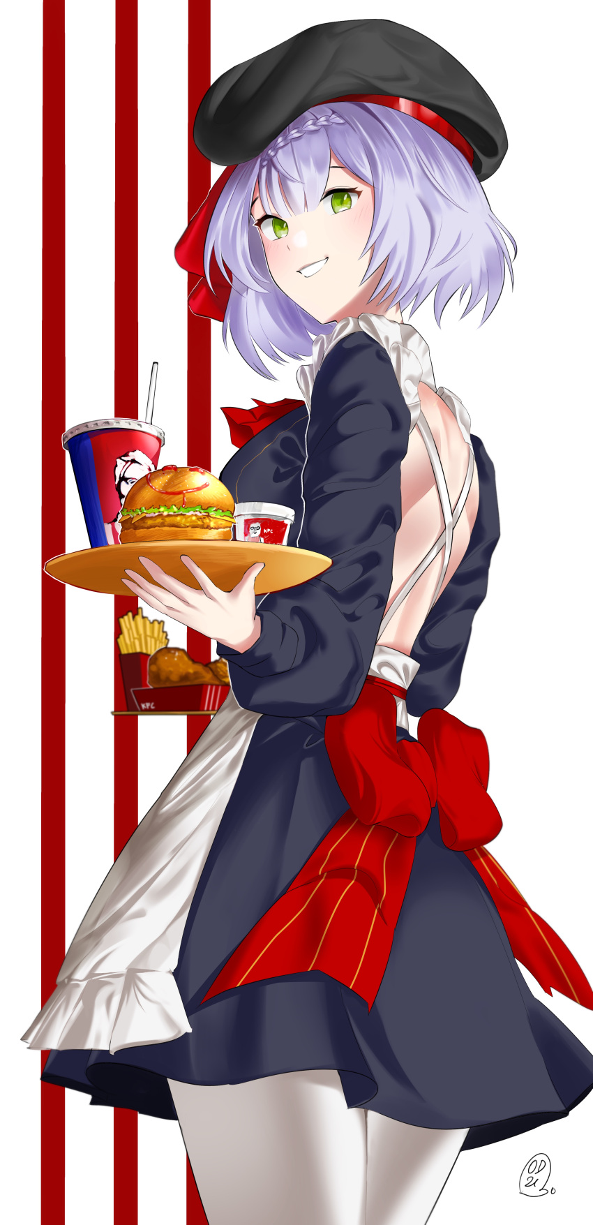 1girl absurdres alternate_costume back black_headwear blush bow braid burger chicken_sandwich cup drinking_straw english_commentary food french_fries fried_chicken genshin_impact green_eyes grey_hair hair_between_eyes highres holding holding_plate holding_tray kfc looking_at_viewer looking_back noelle_(genshin_impact) odyssey_21 parted_lips plate red_bow signature smile smiley_face solo teeth tray
