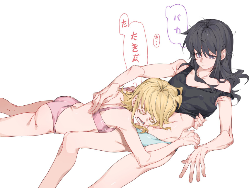 2girls bare_arms bare_legs black_hair black_tank_top blonde_hair blue_panties bra bright_pupils chinese_commentary closed_mouth commentary_request drooling hand_on_another's_back highres hug inoue_takina long_hair lycoris_recoil medium_hair molu_stranger multiple_girls nishikigi_chisato open_mouth panties pink_bra pink_panties purple_eyes saliva simple_background single_bare_shoulder sleeping sleeping_on_person smile speech_bubble strap_slip tank_top translated underwear white_background white_pupils yuri