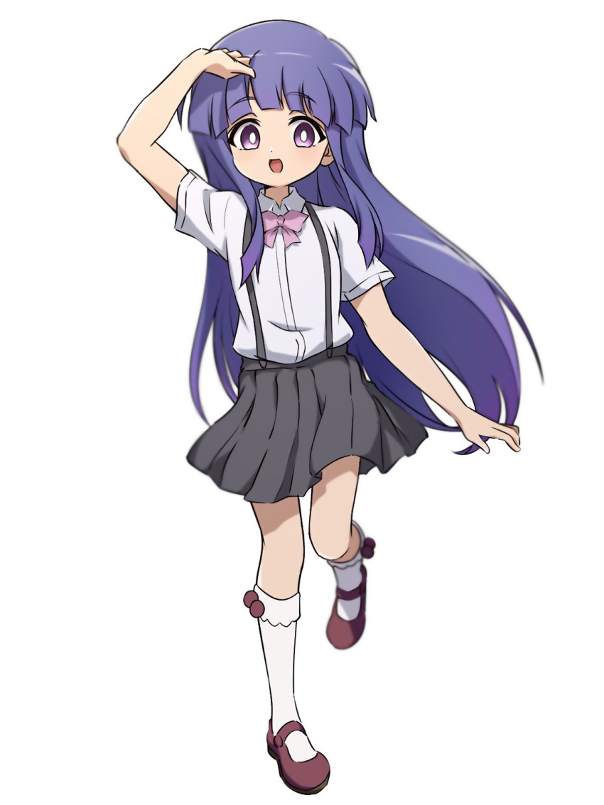 1girl :d arm_at_side arm_up blurry bow bowtie bright_pupils collared_shirt commentary_request depth_of_field dress_shirt floating_hair full_body furude_rika grey_skirt happy highres higurashi_no_naku_koro_ni kneehighs light_blush long_hair looking_at_viewer mary_janes miniskirt nishizuki_shino open_mouth pink_bow pink_bowtie pleated_skirt purple_eyes purple_hair red_footwear shirt shoes short_sleeves simple_background skirt smile socks solo standing standing_on_one_leg straight_hair suspender_skirt suspenders tareme very_long_hair white_background white_pupils white_shirt white_socks