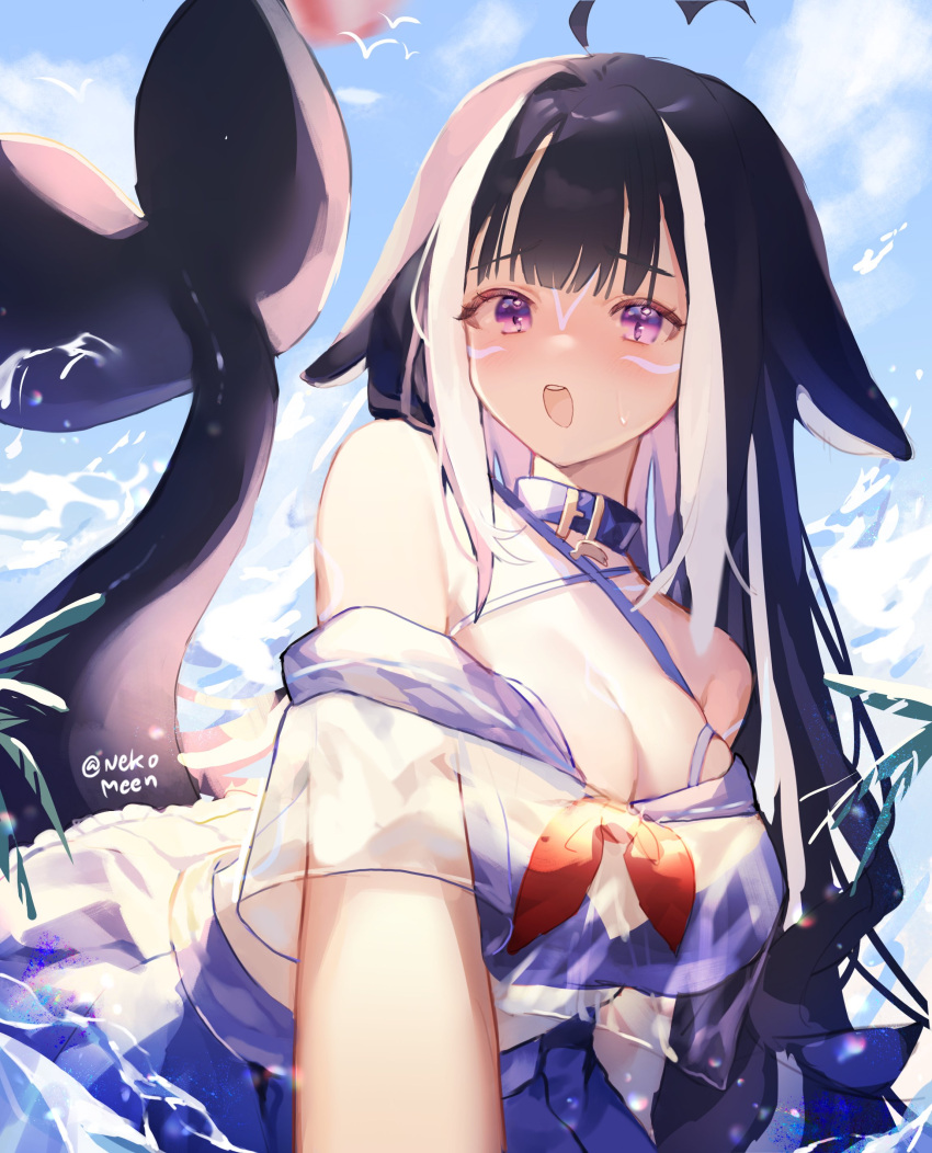 1girl absurdres animal_ears belt_collar bikini bikini_under_clothes black_bikini black_hair blue_sailor_collar blush breasts cetacean_tail cleavage collar facial_mark fins fish_tail halterneck highres indie_virtual_youtuber large_breasts linea_alba long_hair looking_at_viewer multicolored_hair neckerchief nekomeen orca_girl purple_eyes red_neckerchief reflection reflective_water sailor_collar shylily shylily_(1st_costume) streaked_hair sweatdrop swimsuit tail twitter_username upper_body virtual_youtuber white_hair